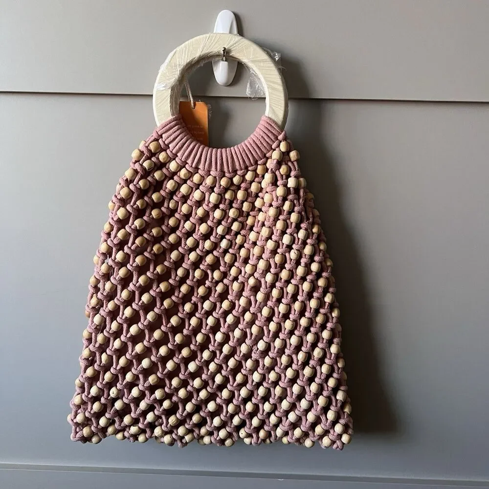 C & C California Macrame Net Wooden Beaded Handbag Purse Beach Boho Festival NEW